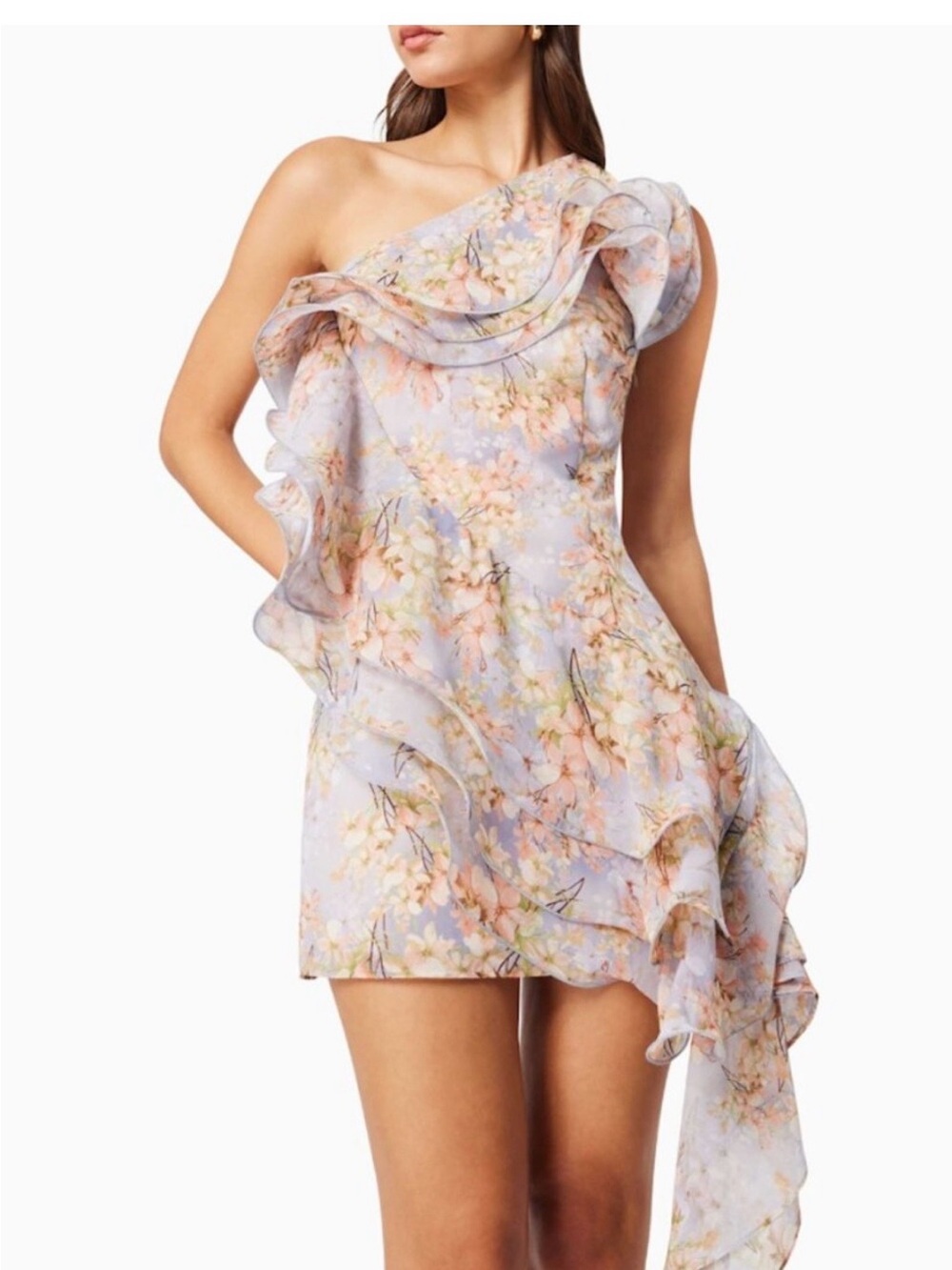 Elliatt One-Shoulder Watercolor Ruffle Cocktail Dress in Blue and Cream